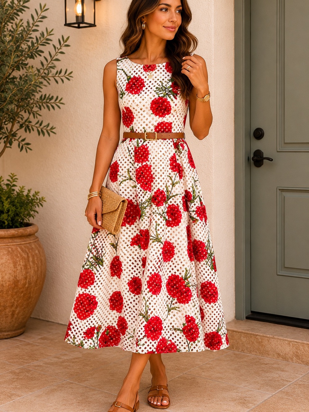 Sleeveless White Dress with Red Floral Print
